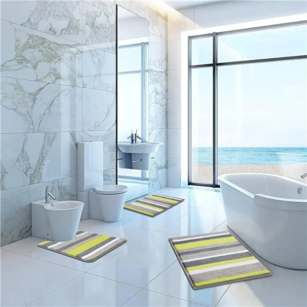 3 Piece Bathroom Rugs Set, Non Slip Shaggy Microfiber Bath Shower Mats Set